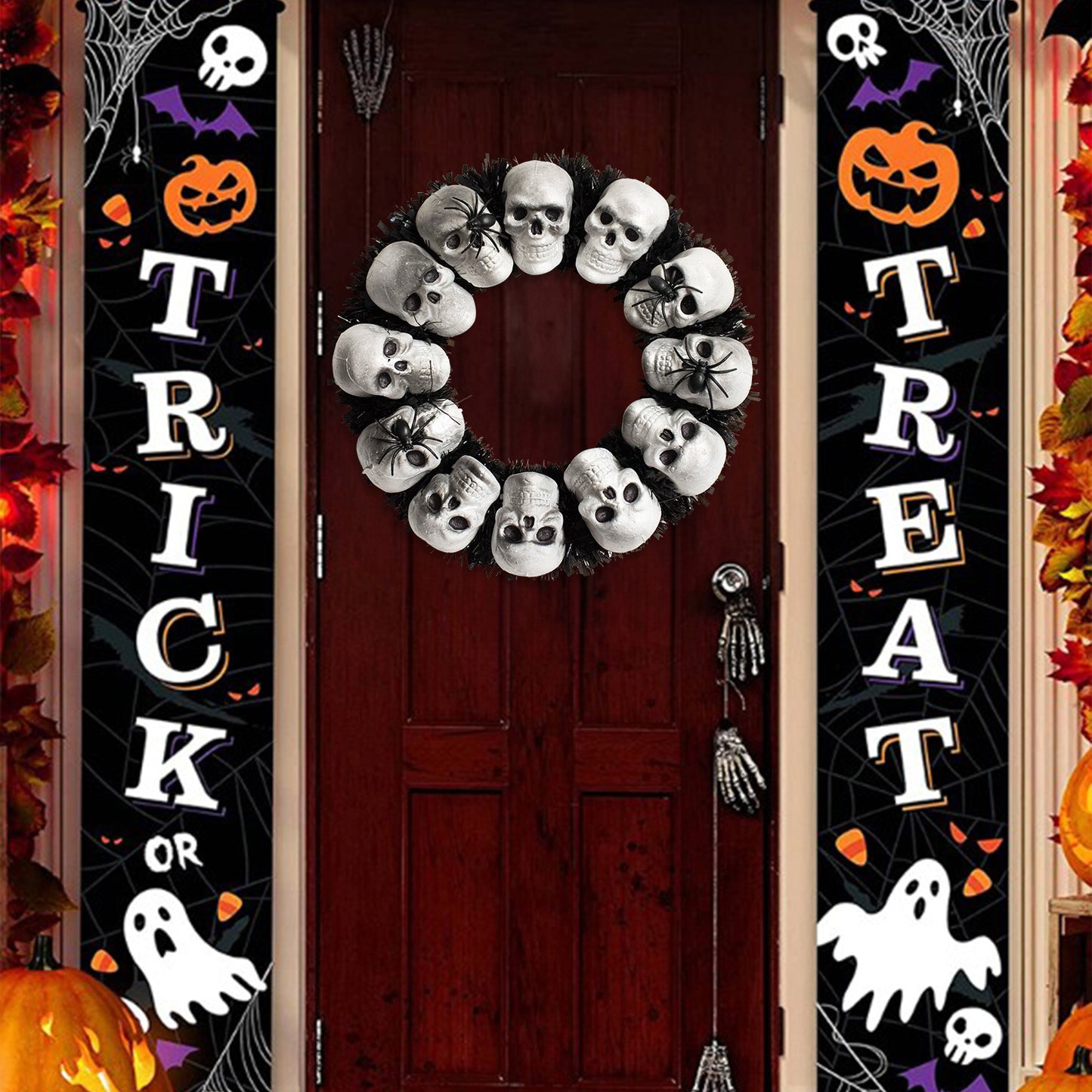 15.7 In. White-Black-Gray Skulls and Chains, Halloween Wreath Decoration