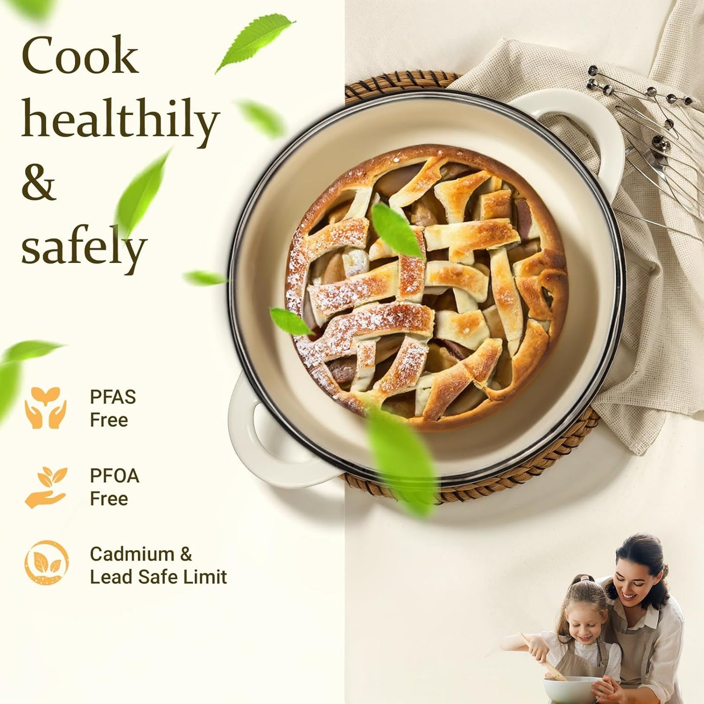 Enameled Cast Iron Dutch Oven - 5.5QT Pot with Lid Cookbook & Cotton Potholders - Heavy-Duty Cookware for Braising, Stews, Roasting, Bread Baking White
