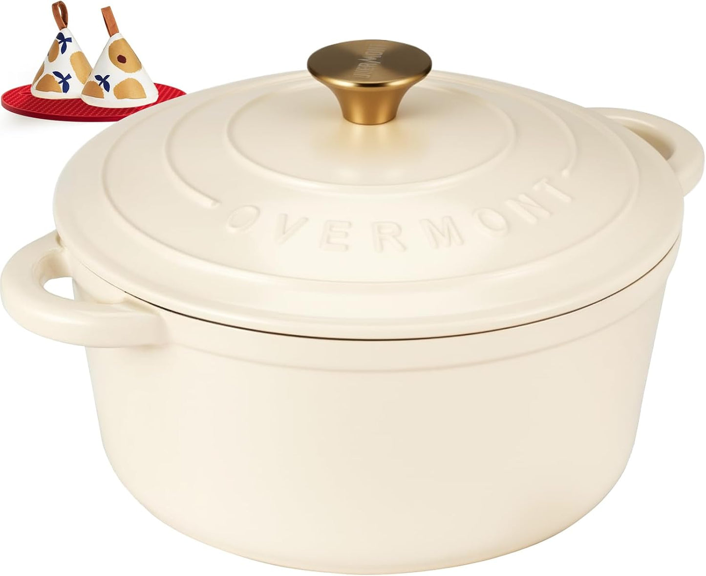 Enameled Cast Iron Dutch Oven - 5.5QT Pot with Lid Cookbook & Cotton Potholders - Heavy-Duty Cookware for Braising, Stews, Roasting, Bread Baking White