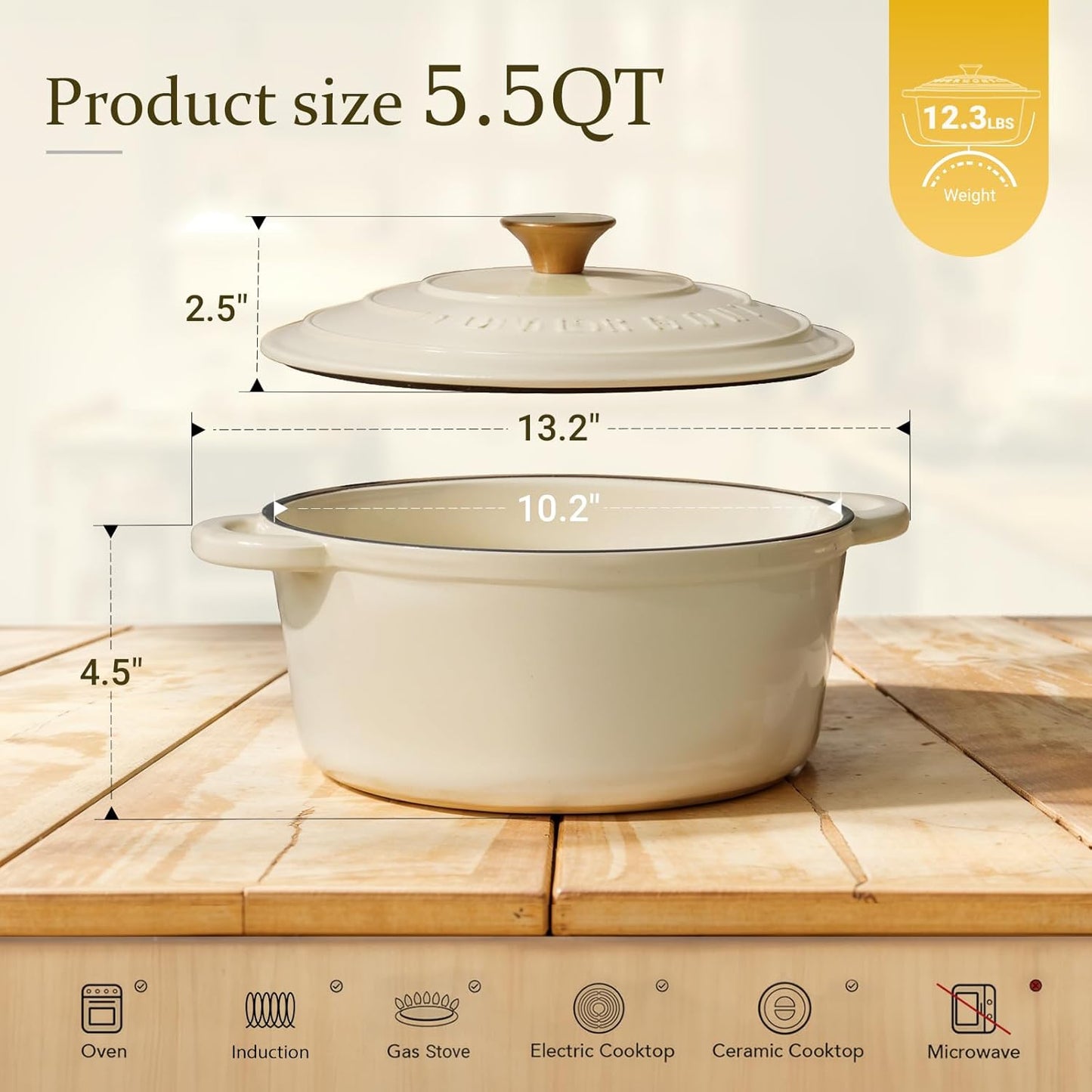 Enameled Cast Iron Dutch Oven - 5.5QT Pot with Lid Cookbook & Cotton Potholders - Heavy-Duty Cookware for Braising, Stews, Roasting, Bread Baking White