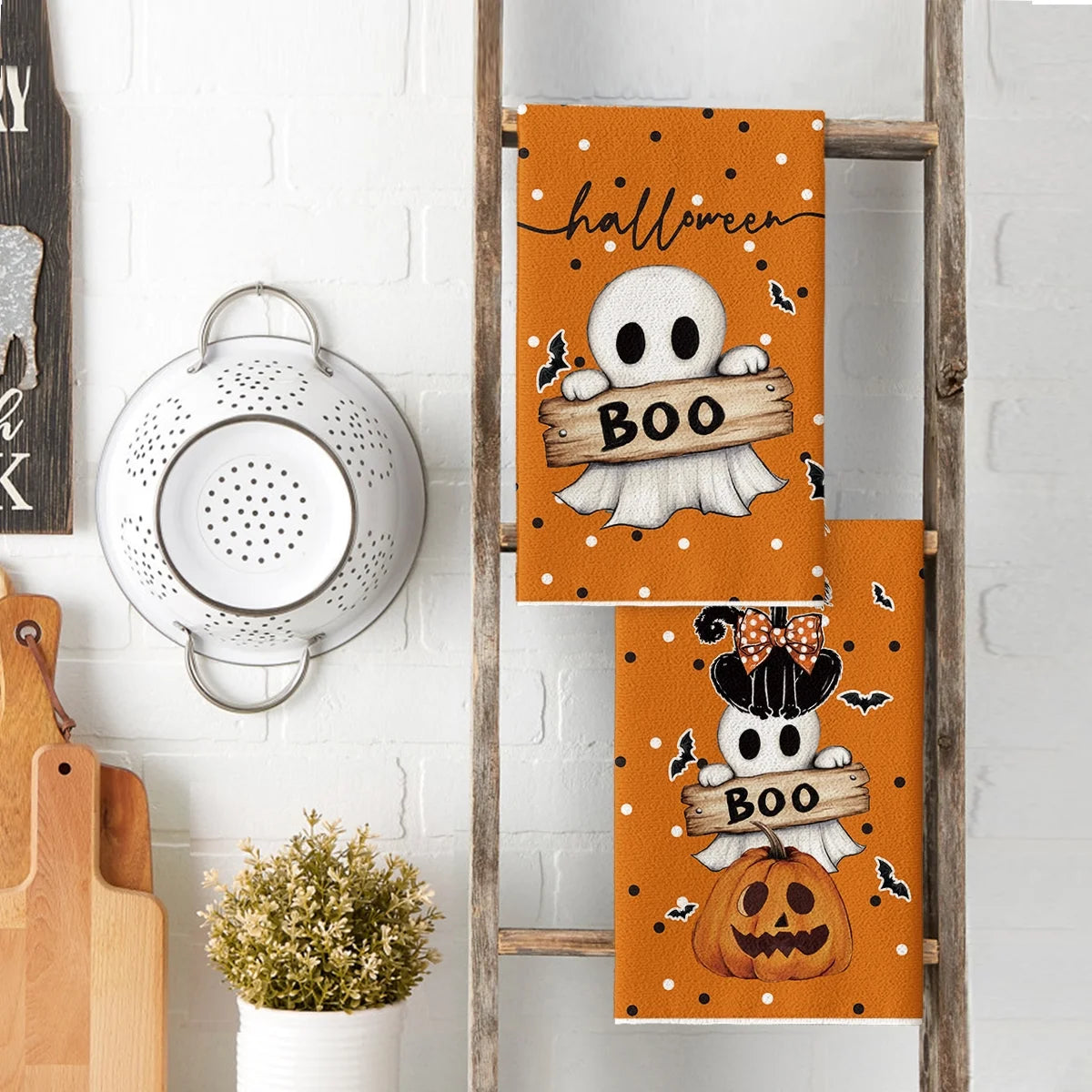 Orange Cat Pumpkin Ghost Halloween Kitchen Towels Dish Towels, 18X26 Inch Bats Jack-O'-Lantern Decoration Hand Towels Set of 2