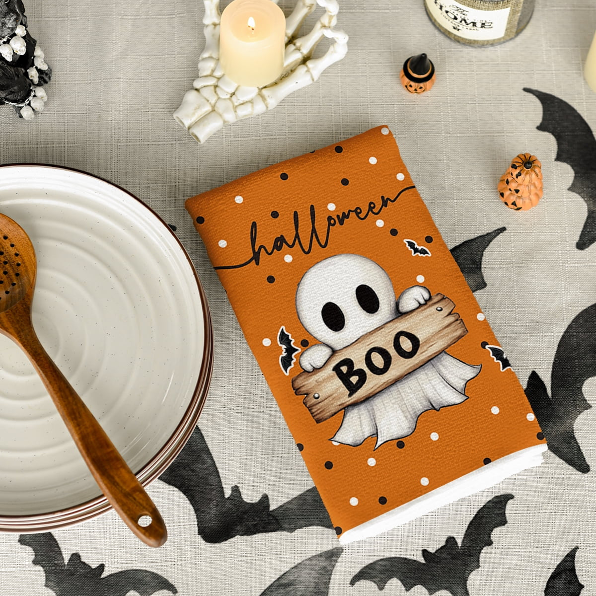 Orange Cat Pumpkin Ghost Halloween Kitchen Towels Dish Towels, 18X26 Inch Bats Jack-O'-Lantern Decoration Hand Towels Set of 2