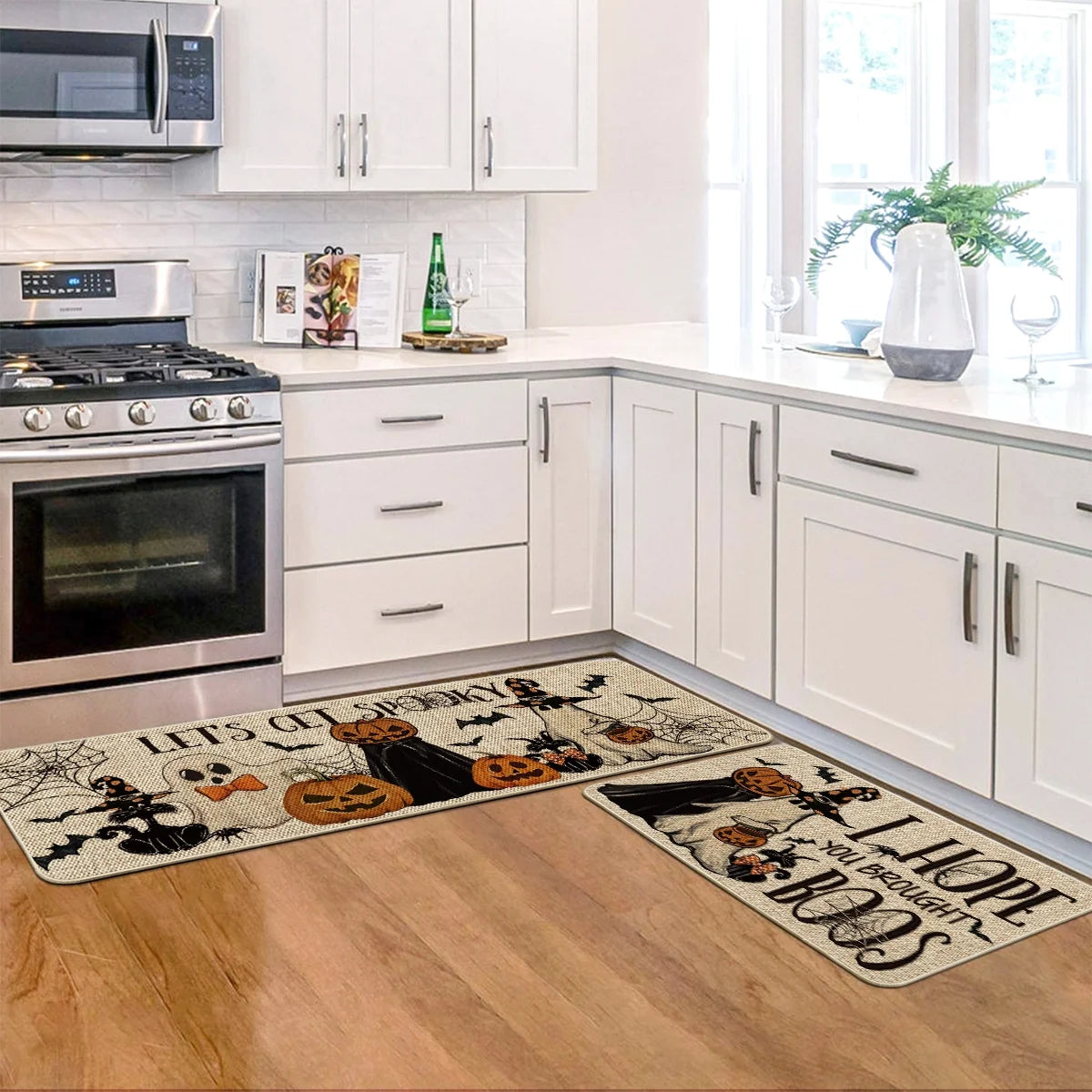 Ghost Pumpkins Bats Cat Hey Boo Halloween Kitchen Rugs and Mats, 17X29Inch and 17X47Inch, Beige