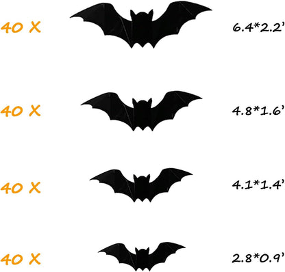 160Pcs 3D Bats Stickers for Halloween Party Supplies - Waterproof Scary Wall Decals, DIY Home Window Decor, Removable Indoor Outdoor Decorations