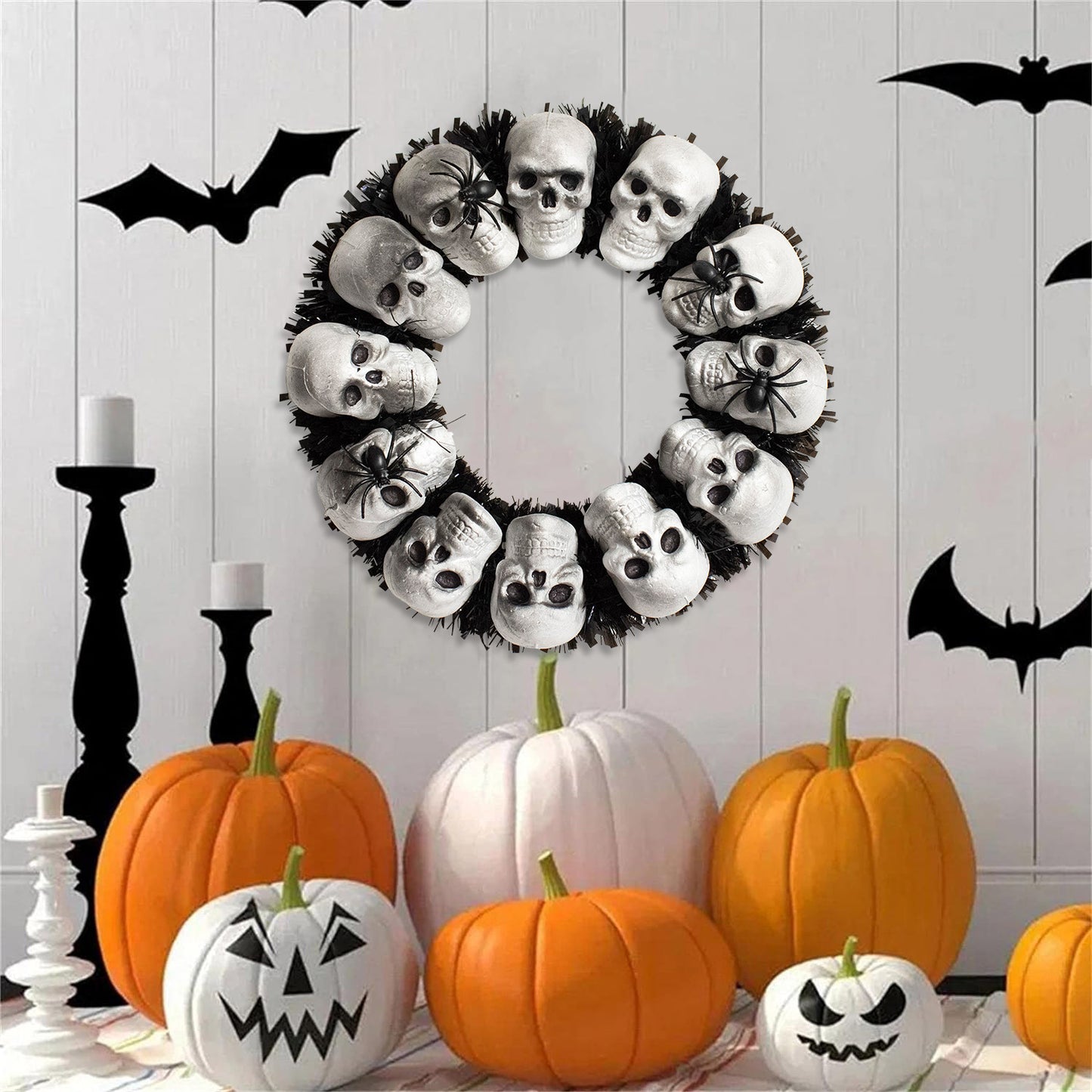 15.7 In. White-Black-Gray Skulls and Chains, Halloween Wreath Decoration