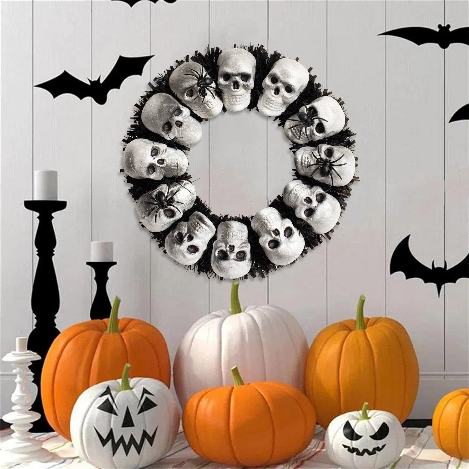 15.7 In. White-Black-Gray Skulls and Chains, Halloween Wreath Decoration