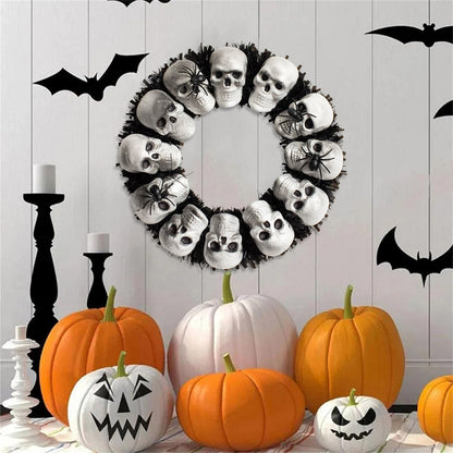 15.7 In. White-Black-Gray Skulls and Chains, Halloween Wreath Decoration