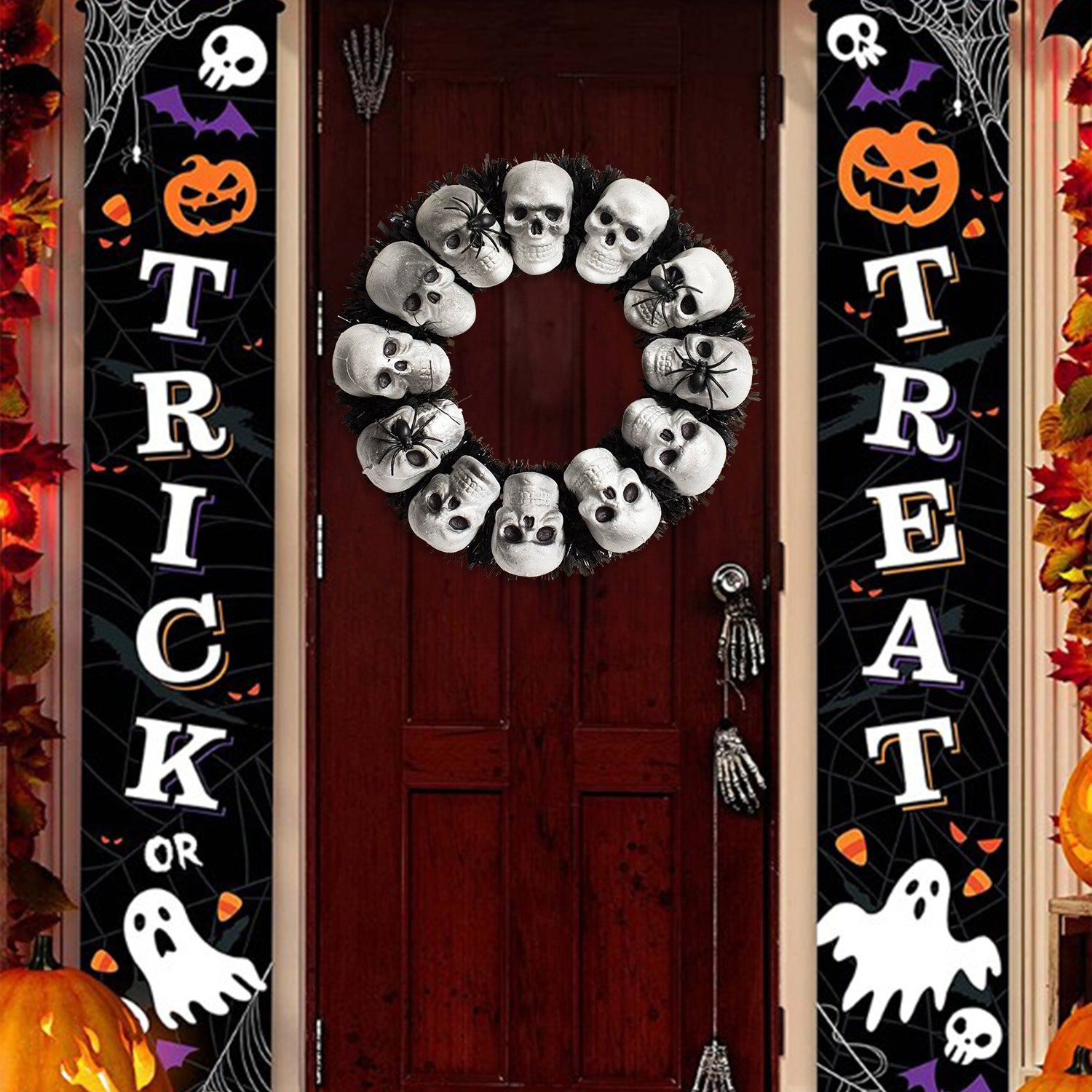 15.7 In. White-Black-Gray Skulls and Chains, Halloween Wreath Decoration