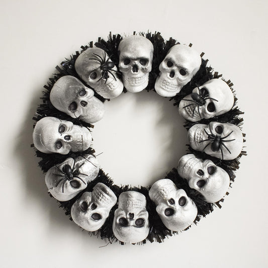 15.7 In. White-Black-Gray Skulls and Chains, Halloween Wreath Decoration