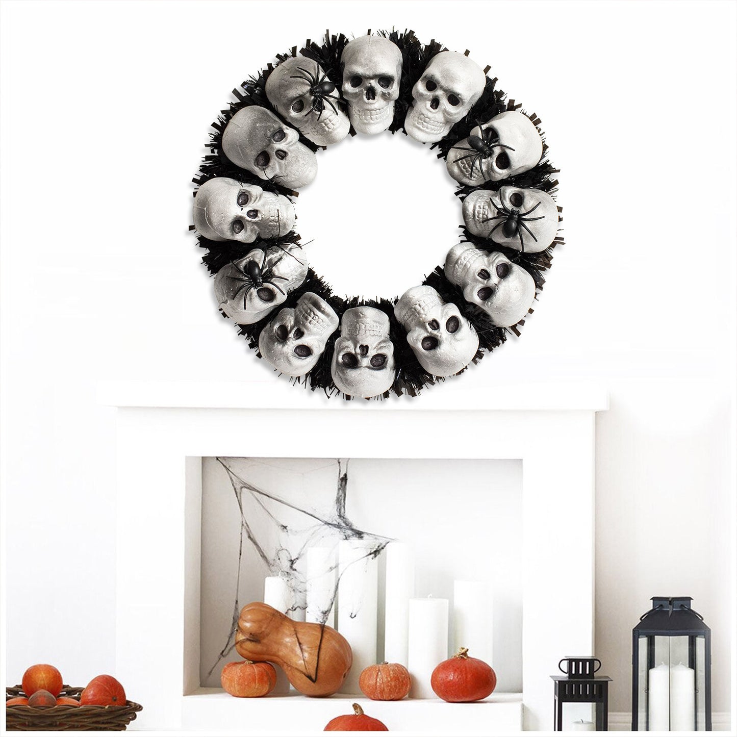 15.7 In. White-Black-Gray Skulls and Chains, Halloween Wreath Decoration