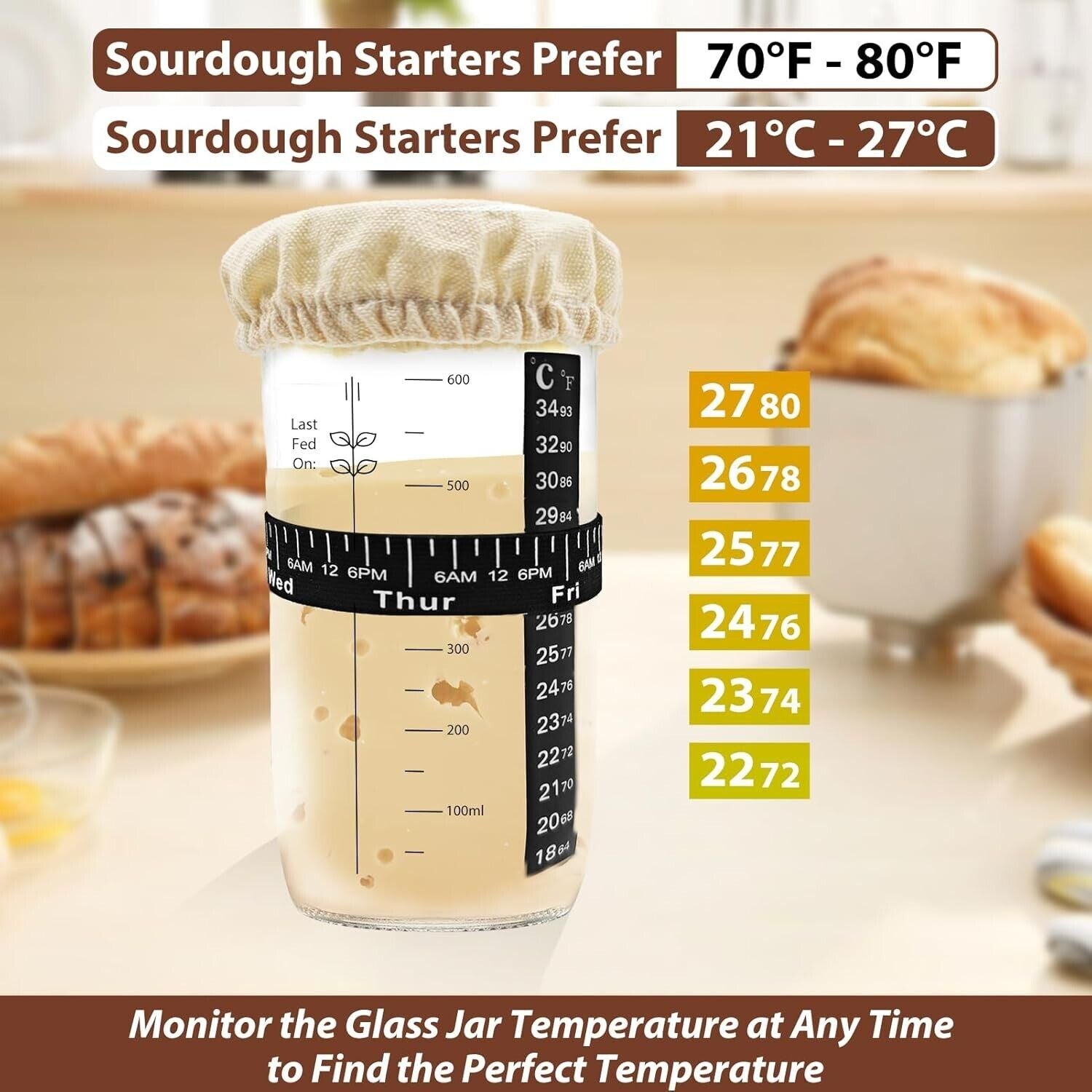 Sourdough Starter Jar, 24Oz Sourdough Bread Baking Supplies Fermentation Kit, Gl