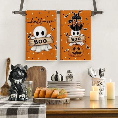 Orange Cat Pumpkin Ghost Halloween Kitchen Towels Dish Towels, 18X26 Inch Bats Jack-O'-Lantern Decoration Hand Towels Set of 2