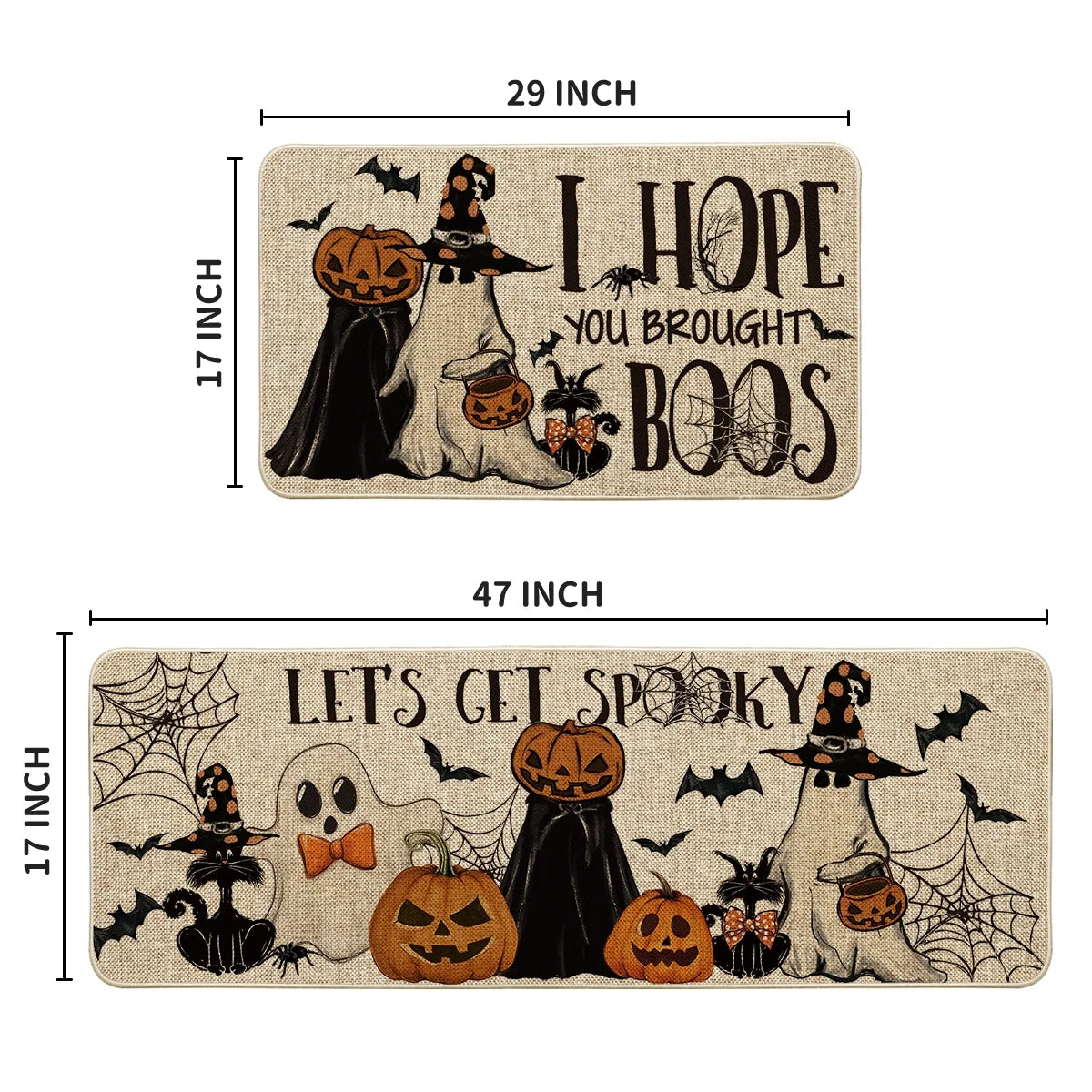 Ghost Pumpkins Bats Cat Hey Boo Halloween Kitchen Rugs and Mats, 17X29Inch and 17X47Inch, Beige