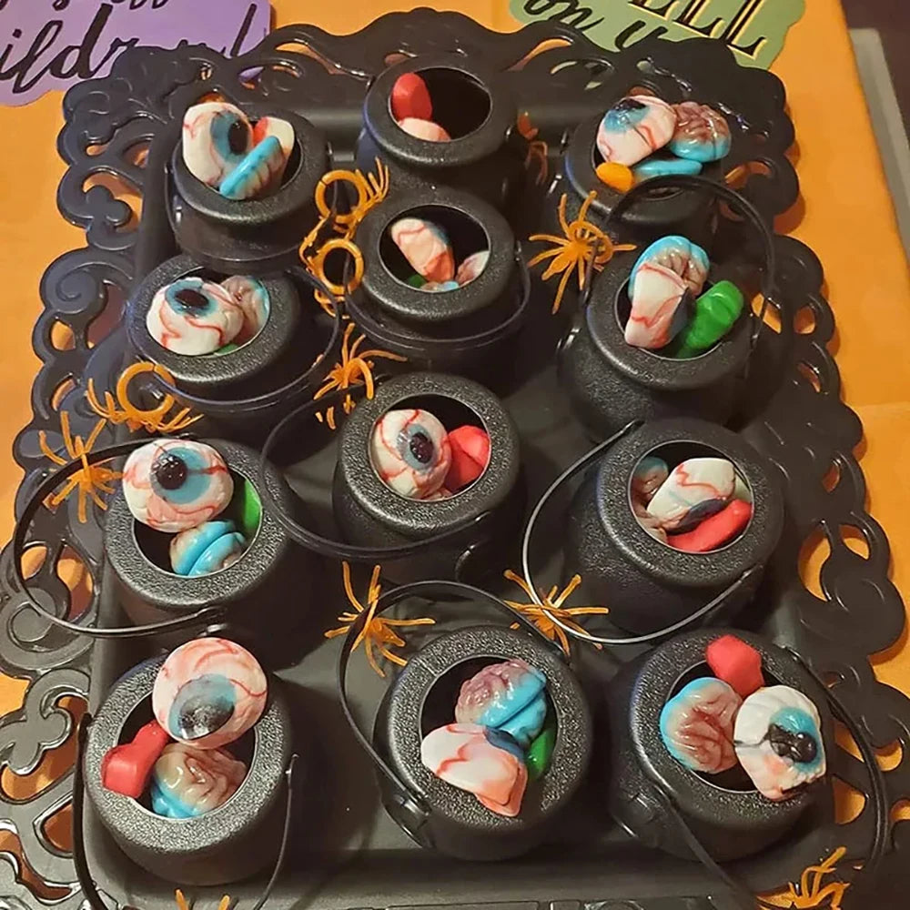 Halloween Witch Cauldron Decoration,Mini Black Plastic Witches Cauldron,Pumpkin Treat Bucket,Candy Basket,Trick or Treat