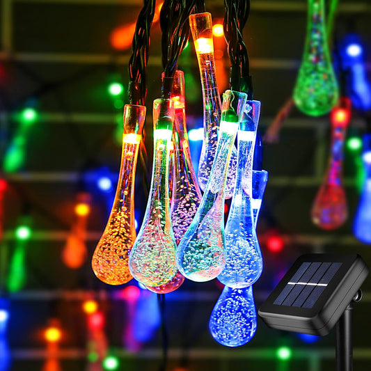 Solar String Lights Outdoor Waterproof 60 LED 35.6 Feet Multicolor Water Drop Garden Lights 8 Lighting Modes Fairy Lights String Patio Terrace Christmas Decoration (Water Drop)