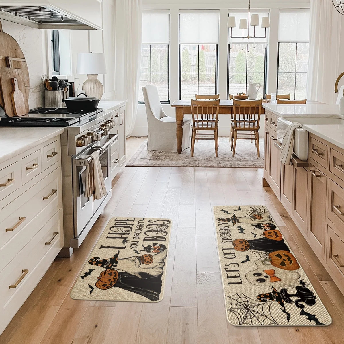 Ghost Pumpkins Bats Cat Hey Boo Halloween Kitchen Rugs and Mats, 17X29Inch and 17X47Inch, Beige