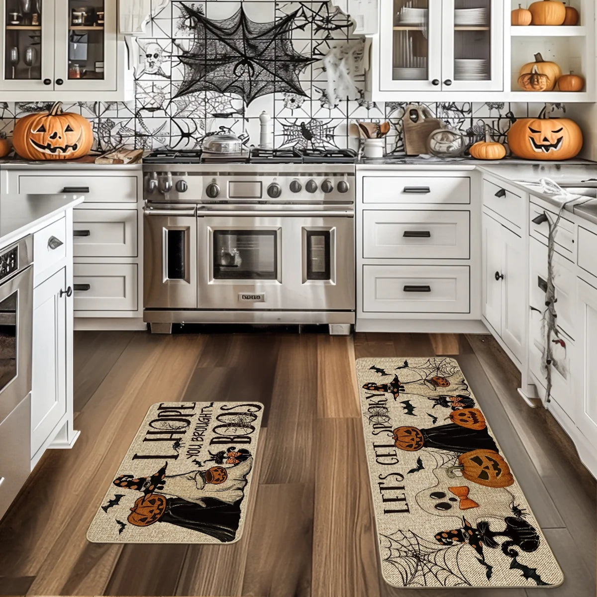 Ghost Pumpkins Bats Cat Hey Boo Halloween Kitchen Rugs and Mats, 17X29Inch and 17X47Inch, Beige