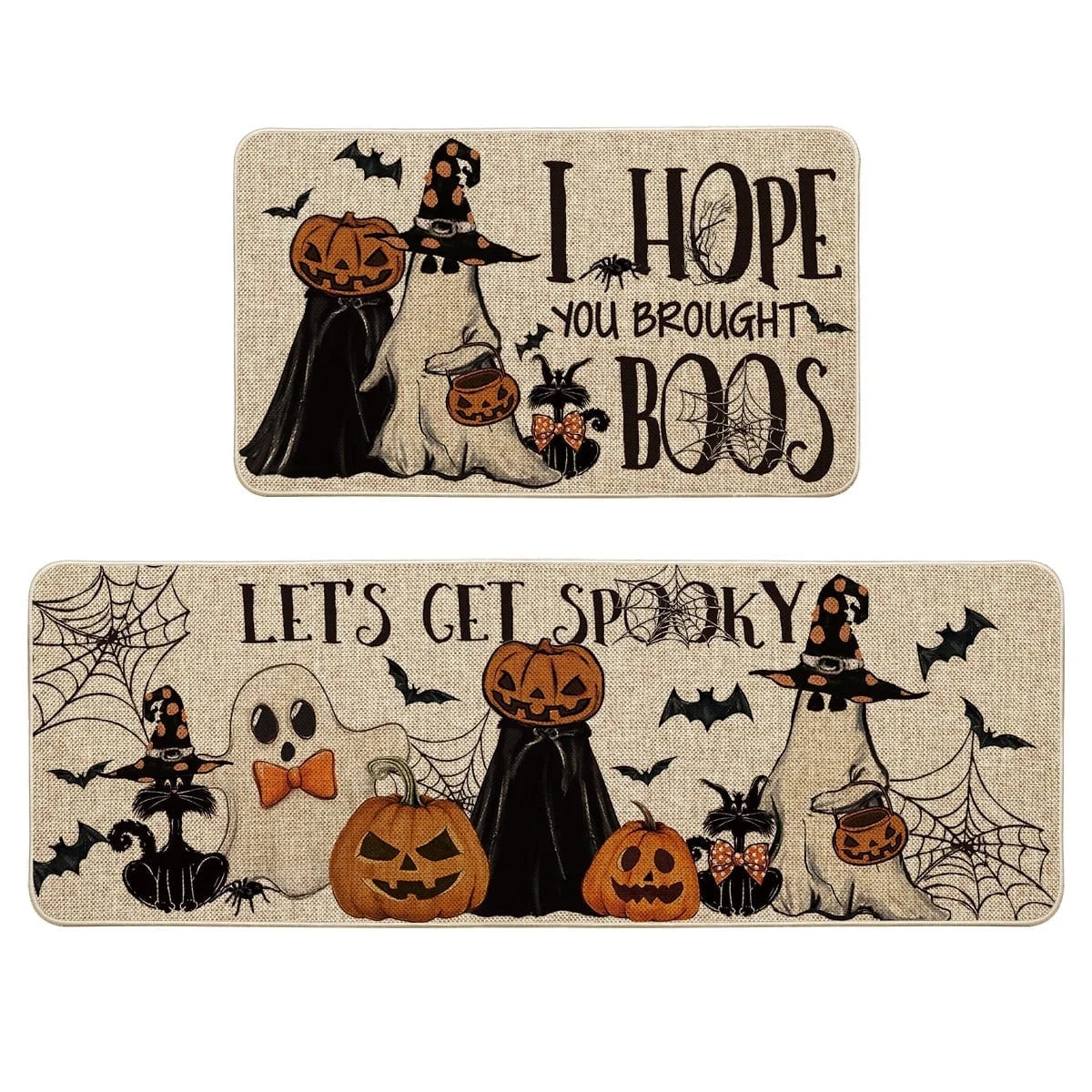 Ghost Pumpkins Bats Cat Hey Boo Halloween Kitchen Rugs and Mats, 17X29Inch and 17X47Inch, Beige