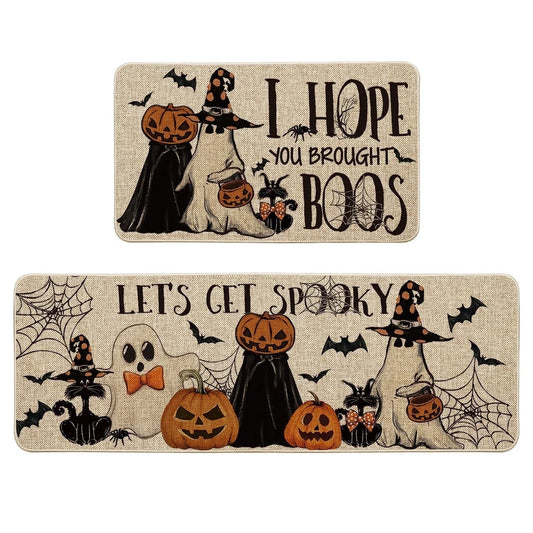 Ghost Pumpkins Bats Cat Hey Boo Halloween Kitchen Rugs and Mats, 17X29Inch and 17X47Inch, Beige