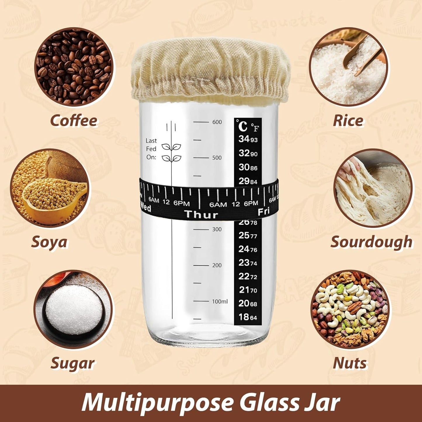 Sourdough Starter Jar, 24Oz Sourdough Bread Baking Supplies Fermentation Kit, Gl