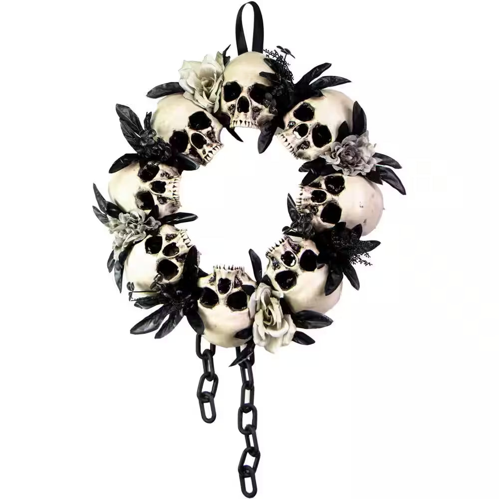 15.7 In. White-Black-Gray Skulls and Chains, Halloween Wreath Decoration