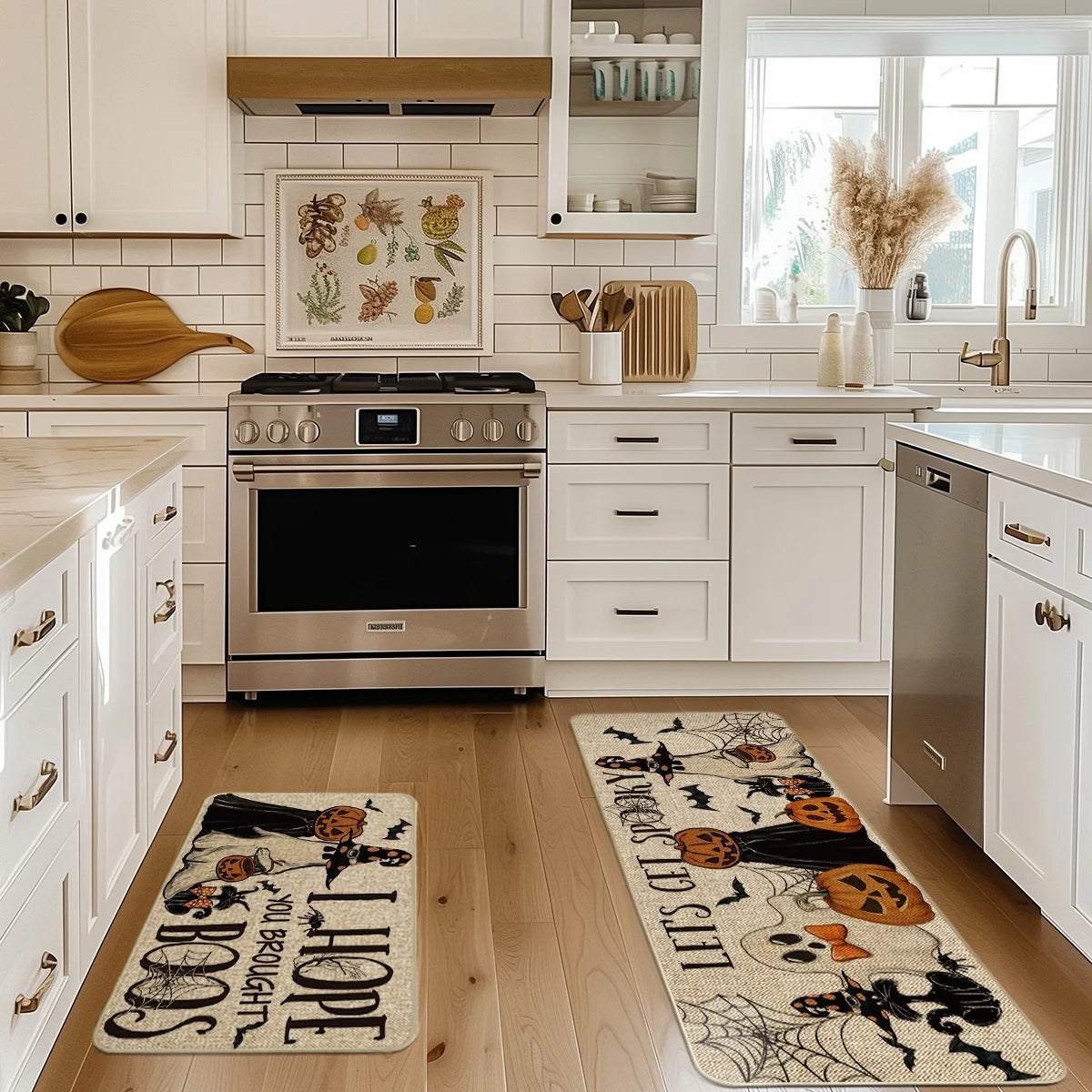 Ghost Pumpkins Bats Cat Hey Boo Halloween Kitchen Rugs and Mats, 17X29Inch and 17X47Inch, Beige