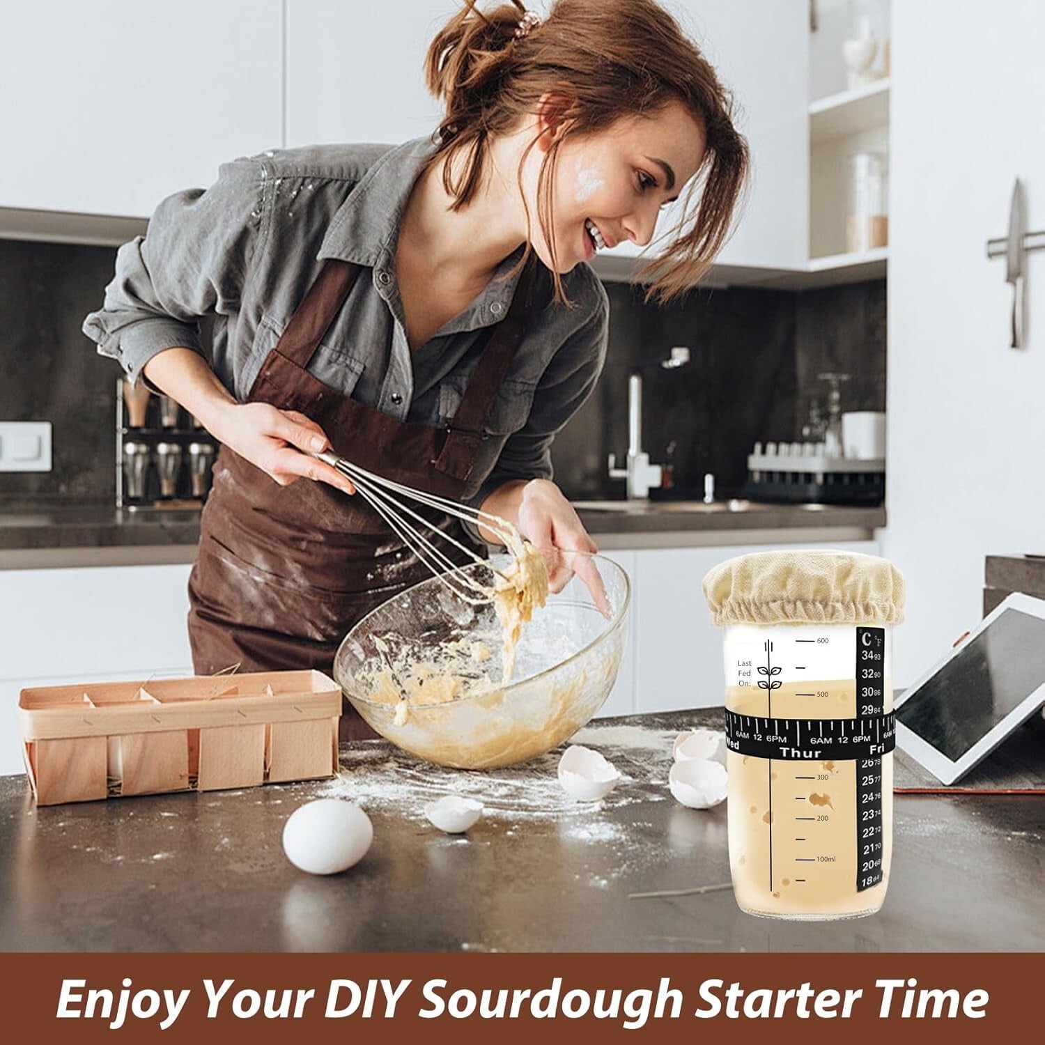Sourdough Starter Jar, 24Oz Sourdough Bread Baking Supplies Fermentation Kit, Gl
