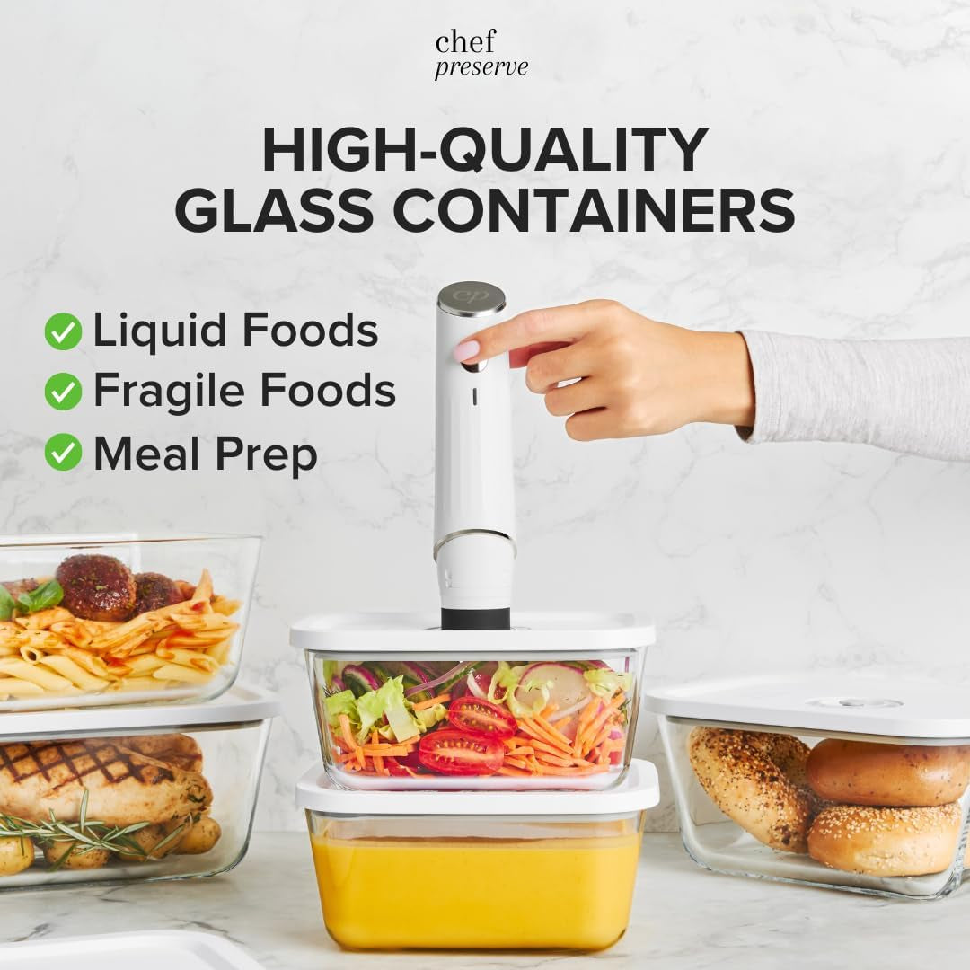 Compact Vacuum Sealer for Food (Vacuum Sealer Machine + 3 Glass Vacuum Containers + 30 Reusable Vacuum Bags) Powerful Handheld Vacuum Seal Machine, Seal Meal Saver, Portable Food Sealer