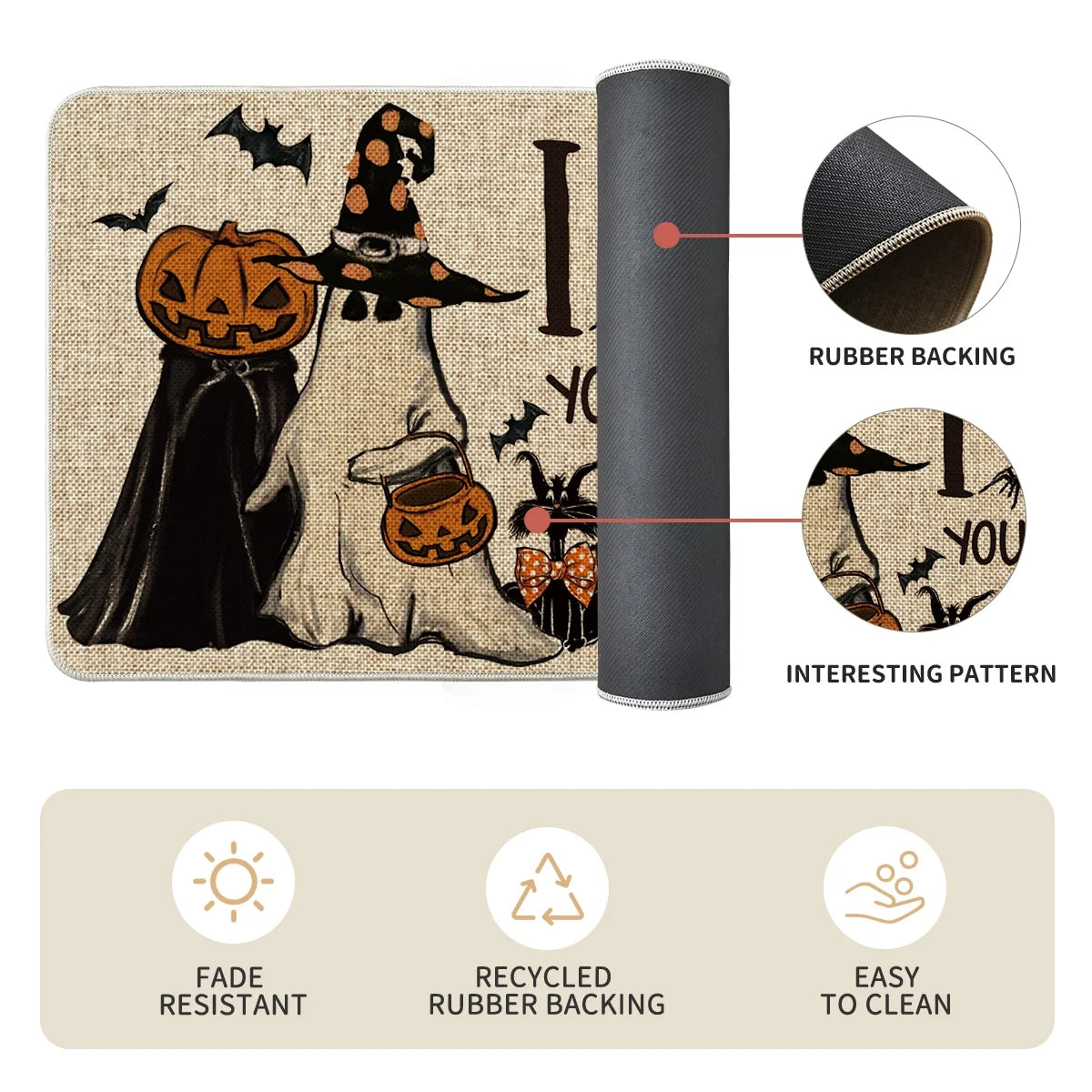 Ghost Pumpkins Bats Cat Hey Boo Halloween Kitchen Rugs and Mats, 17X29Inch and 17X47Inch, Beige