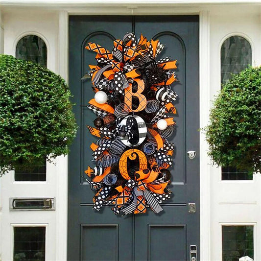 Halloween Wreath Pumpkin BOO Front Door Welcome Wreath for Home Yard Party Art Decorations Halloween Farmhouse Wreath