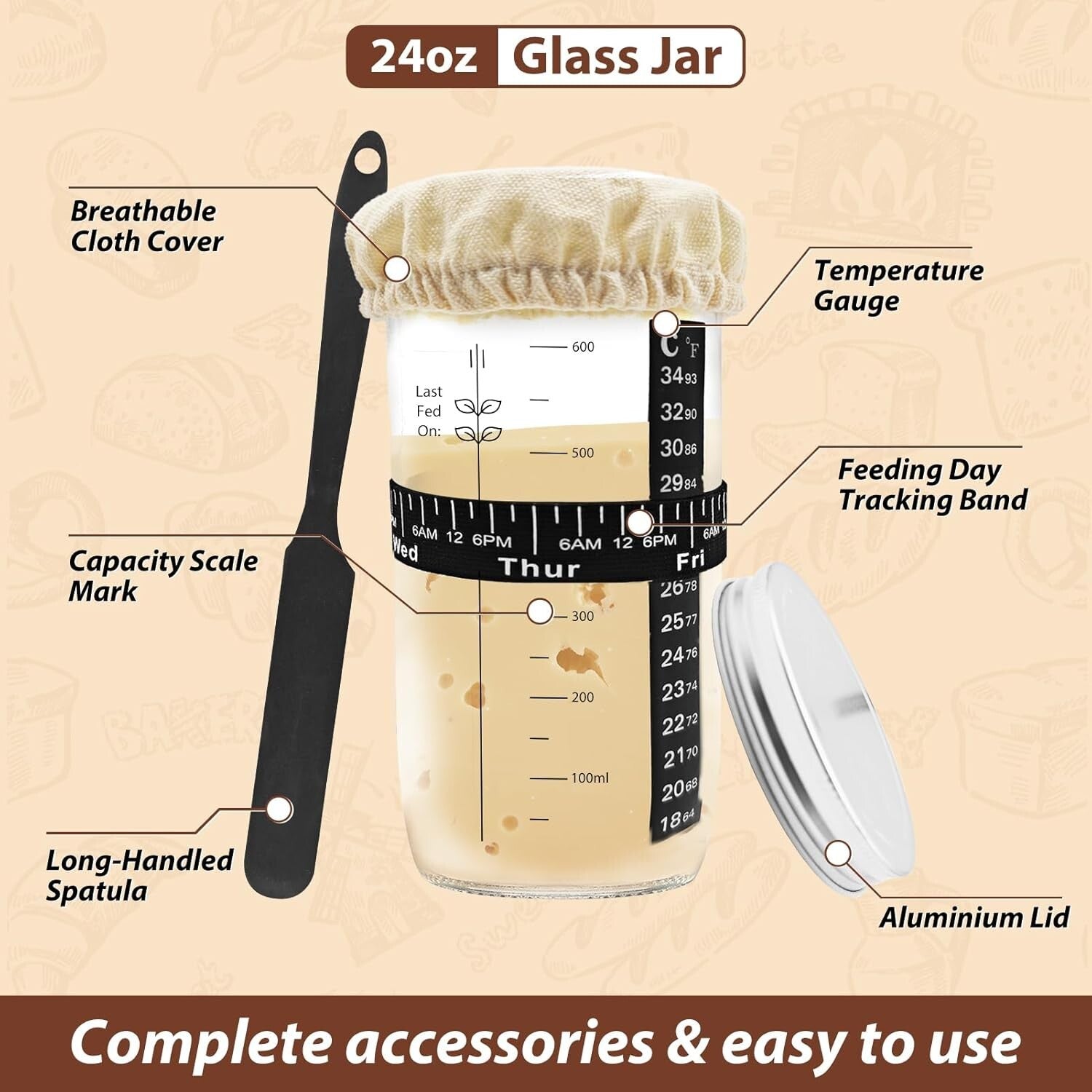 Sourdough Starter Jar, 24Oz Sourdough Bread Baking Supplies Fermentation Kit, Gl