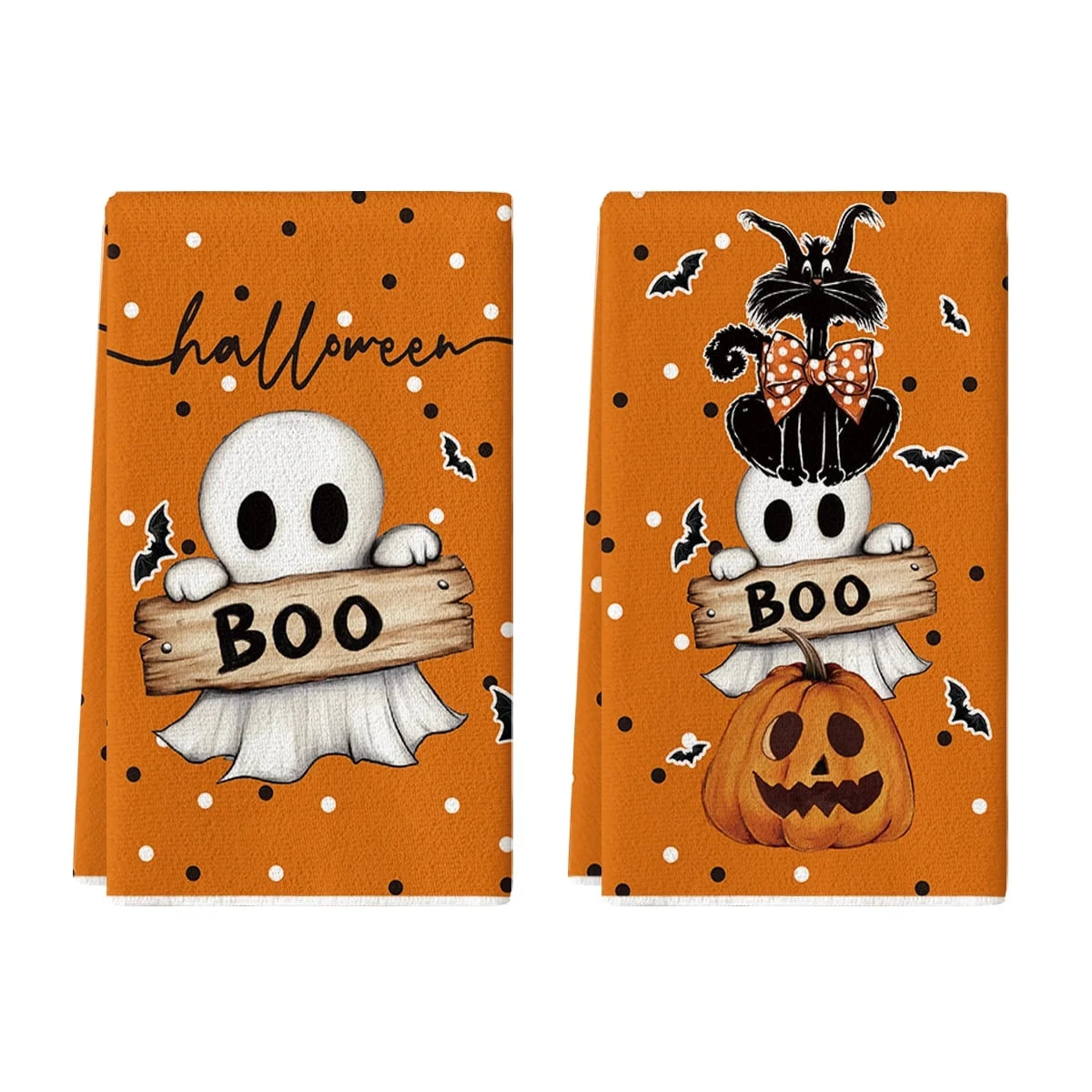 Orange Cat Pumpkin Ghost Halloween Kitchen Towels Dish Towels, 18X26 Inch Bats Jack-O'-Lantern Decoration Hand Towels Set of 2