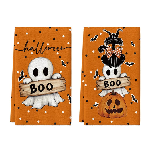 Orange Cat Pumpkin Ghost Halloween Kitchen Towels Dish Towels, 18X26 Inch Bats Jack-O'-Lantern Decoration Hand Towels Set of 2