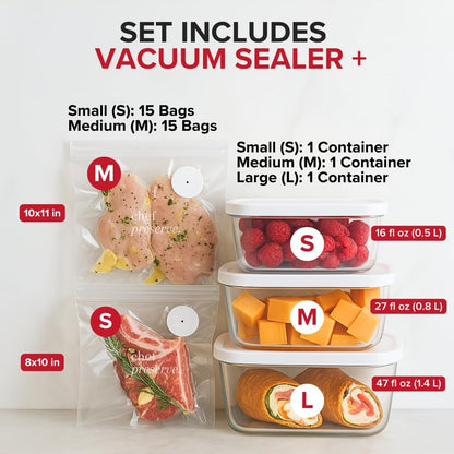 Compact Vacuum Sealer for Food (Vacuum Sealer Machine + 3 Glass Vacuum Containers + 30 Reusable Vacuum Bags) Powerful Handheld Vacuum Seal Machine, Seal Meal Saver, Portable Food Sealer
